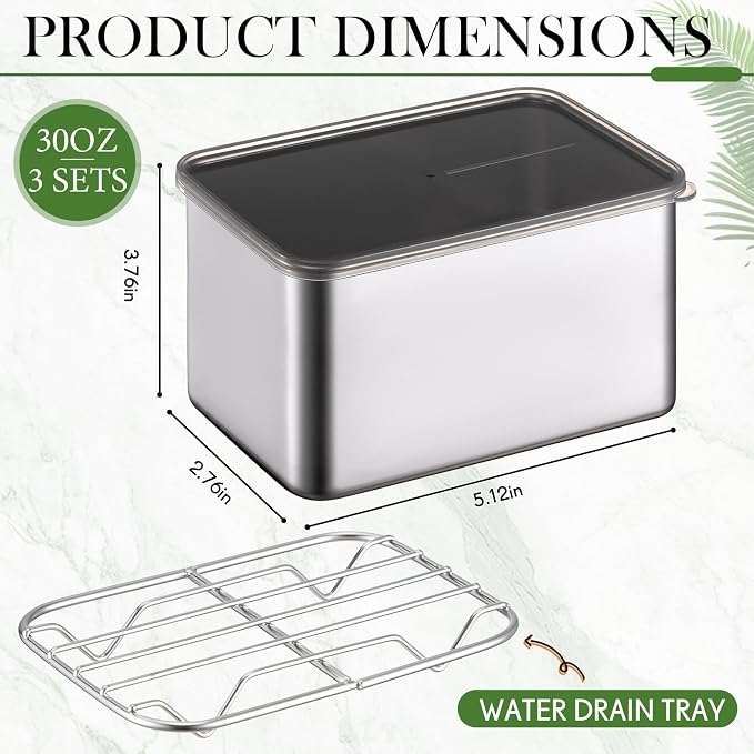 Hushee 3 Set 304 Stainless Steel Containers for Fridge, with Removable Drain Tray, 30 oz Airtight Food Container with Lids for Fruit Bacon Deli Meat Fresh Storage(5. 12 x 3. 74 x 2. 76 Inch)
