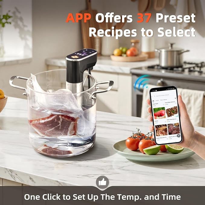 WiFi Sous Vide Cooker, 1300W Fast Heating Precision Sous Vide Machine, IPX7 Waterproof Ultra Quiet Kitchen Cooking Machine,Smart APP Timer with Exclusive Cooking Recipes for Household Daily Use