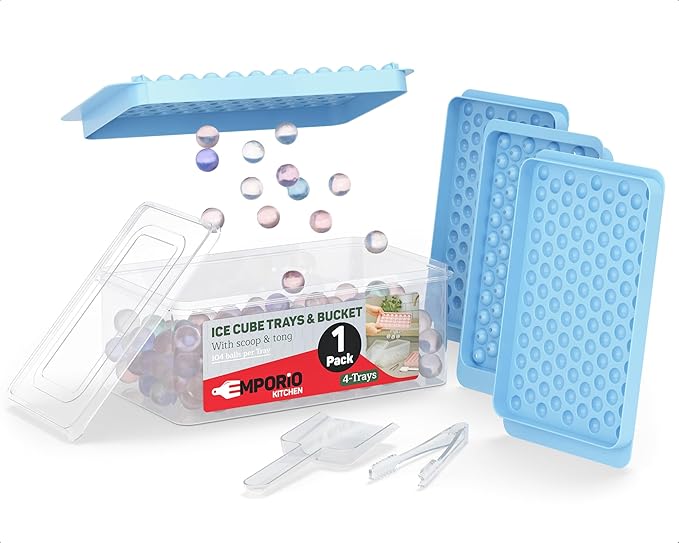 Emporio Kitchen Round Ice Cube Tray Set Pack of 1, BPA-Free Stackable Trays with Lid & Tongs, 104 Ice Balls Per Tray for Whiskey, Drinks, and Cocktails, Quick Release Round Ice Cube Mold, Blue