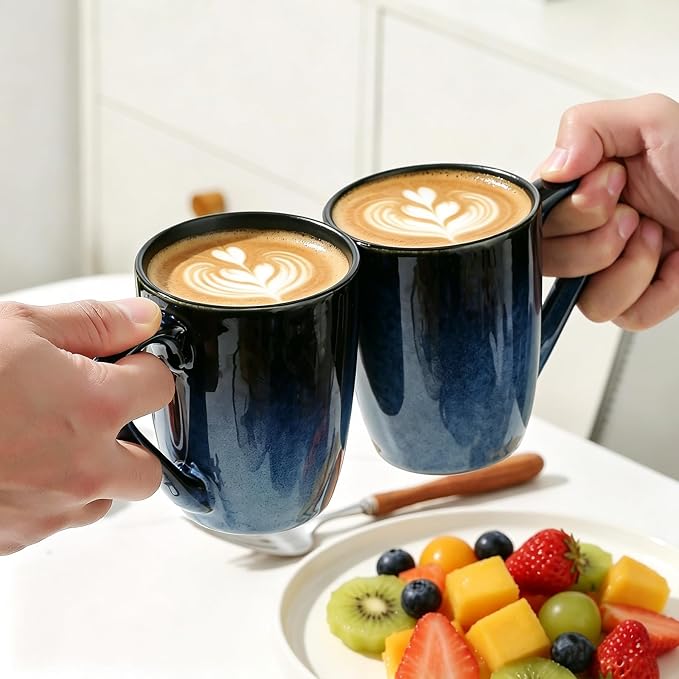 MONITO Large Ceramic Coffee Mugs Set with Handle for Tea/Latte/Cappuccino/Milk/Cocoa, Ice-Snow Blue 14oz, Set of 6, Funny Tea Cups for Office and Home