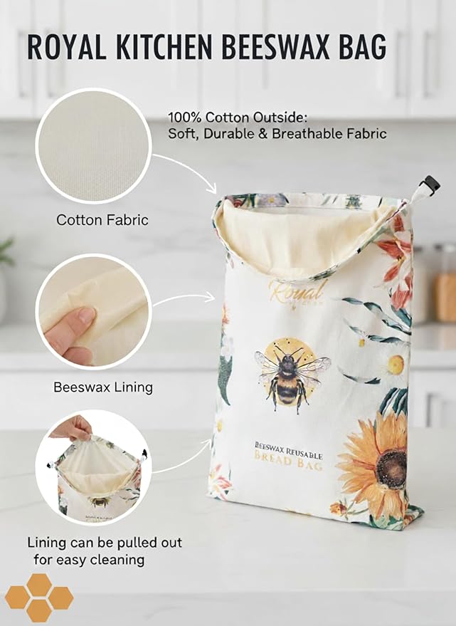 Reusable Beeswax Breads Bag | 2 Pack Organic Sourdough bread bags for homemade bread | Fridge and Freezer friendly Beeswax Lined cotton bag to keep your bread fresh and preserved | 2 XL bread Bags
