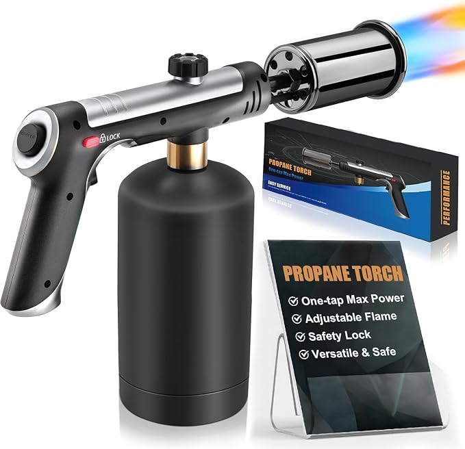 Propane Torch Gun, High-Heat Blow Torch with One-Touch Max Fire & Safety Lock, Adjustable Cooking Torch for Sous Vide, BBQ Grilling, Charcoal, Fireplace, DIY Projects (Tank Not Included)