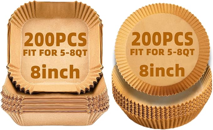 LYHOLKEER 200Pcs 8in Square & Round Parchment Paper for 5-8QT Air Fryer, Non-Stick, Bleach-Free, Heat-Resistant Up to 428F