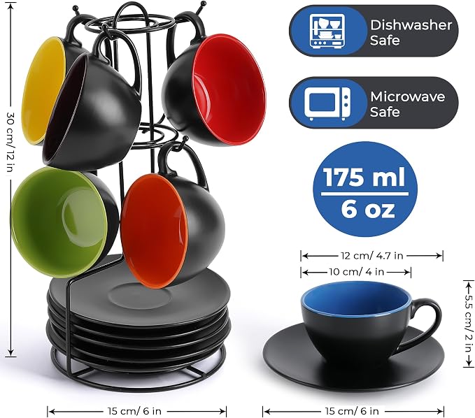 MIAMIO - Set of 6, Ceramic Stackable Cappuccino Cups Set / 6 Ounce Cappuccino Mugs and Saucer with Metal Stand for Coffee Drinks, Cafe, Latte, Americano and Tea - Le Papillon Collection (Mixed)