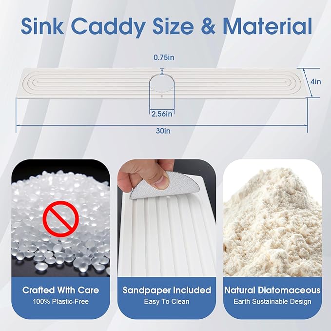 Stone Faucet Mat for Kitchen Sink, Silicone Faucet Handle Drip Catcher Tray Mat, Silicone Kitchen Sink Splash Guard for Bathroom Counter Kitchen Counter Accessories, White, 30" x 4"