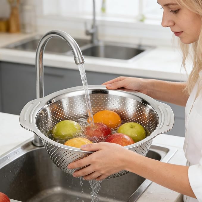 Stainless Steel Colander for Kitchen, 5 Pack Metal Kitchen Strainer Bowls with Handles, Food Strainer Basket for Pasta, Noodles, Vegetables and Fruit, Nesting Design, Dishwasher Safe
