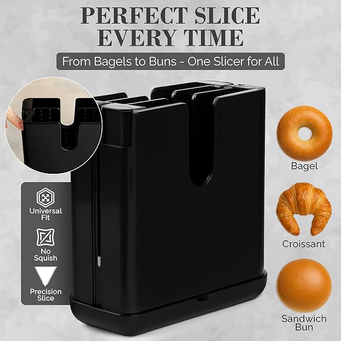 Bagel Cutter Slicer – Precision Bagel Slicer with Auto-Center Holder – Compact 7-Inch Space-Saving Design for Even Cutting Large and Small Bread at Home or Café Kitchen - Black