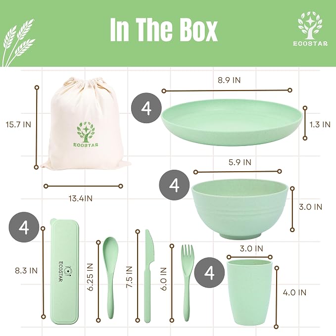 ECOSTAR Wheat Straw Dinnerware Sets Unbreakable Plates Bowls and Cups Reusable Utensils Dishwasher Microwave Safe Bowls and Plates Sets (Green)