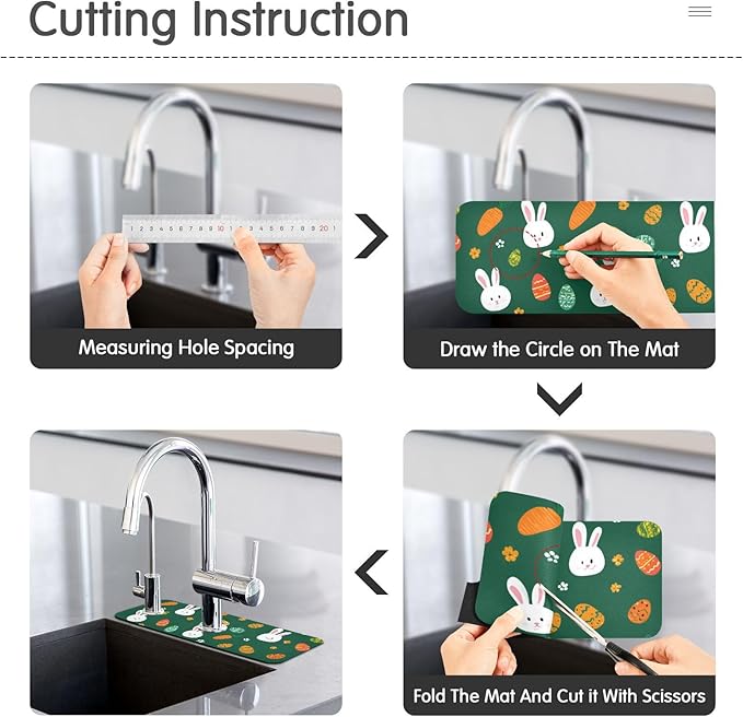 Kitchen Sink Splash Guard 1 PC 14.7 Inch Sink Faucet Mat Splash Guard for Bathroom Countertop Water Absorbent Foldable Cuttable Soft Washable Deep Green Easter Rabbit Eggs Carrots