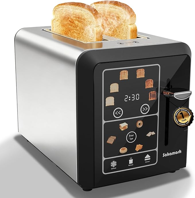 SAKAMOSH 2 Slice Touch Screen Toaster 1.3" Wide Slots for Bagels, Smart Digital Display Toaster with 6 Browning Levels & 6 Bread Types, Memory, Defrost, Reheat, Stainless Steel, 800W