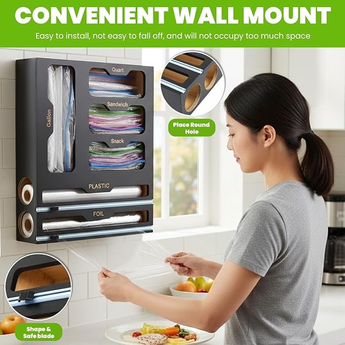 6-in-1 Ziplock Bag Organizer & Plastic Wrap Dispenser with Cutter, Kitchen Drawer Organizer for Food Storage Bags, Foil, Plastic Wrap, Parchment Paper Bamboo Bag Organizer