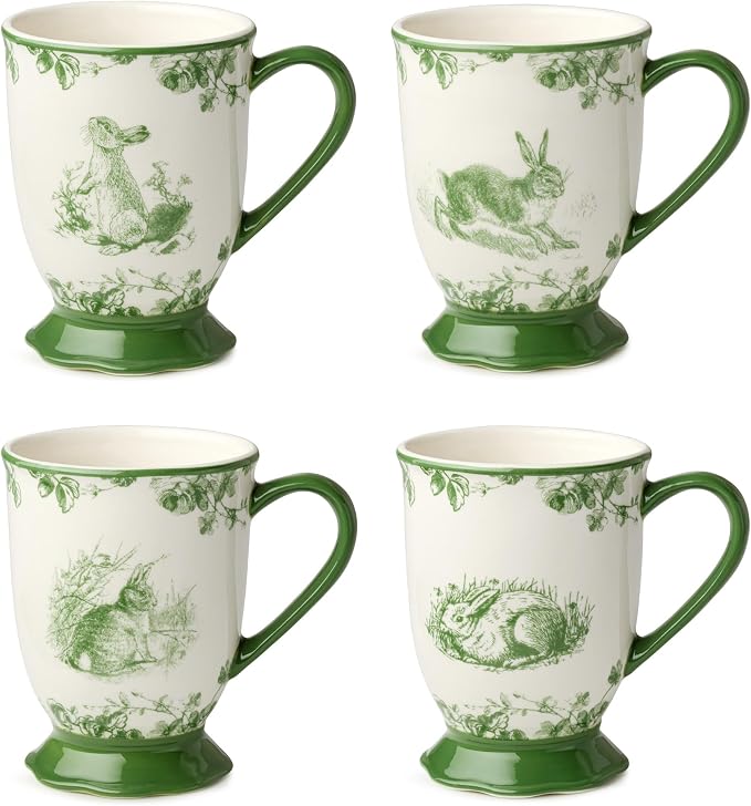 Le Jardin 6oz MUGS SET OF 4 – Green Bunny Stoneware Cups for Coffee, Tea & Cocoa – Charming Drinkware for Spring Brunch or Morning Routines