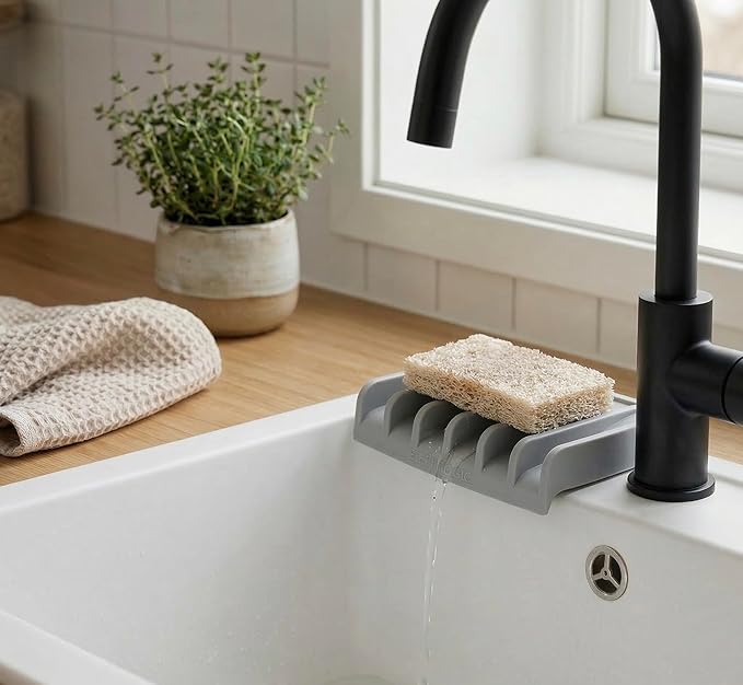 Effilogic Silicone Sponge Holder, Soap Dish, Self Draining Kitchen Sink Organizer, Kitchen Accessories, Medium Grey