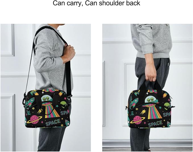 OREZI Insulated Lunch Tote Bag for Adult Men Women,UFO Aliens Spaceship Planet Kid's School Lunchbox with Detachable Shoulder Strap for School Office Fishing