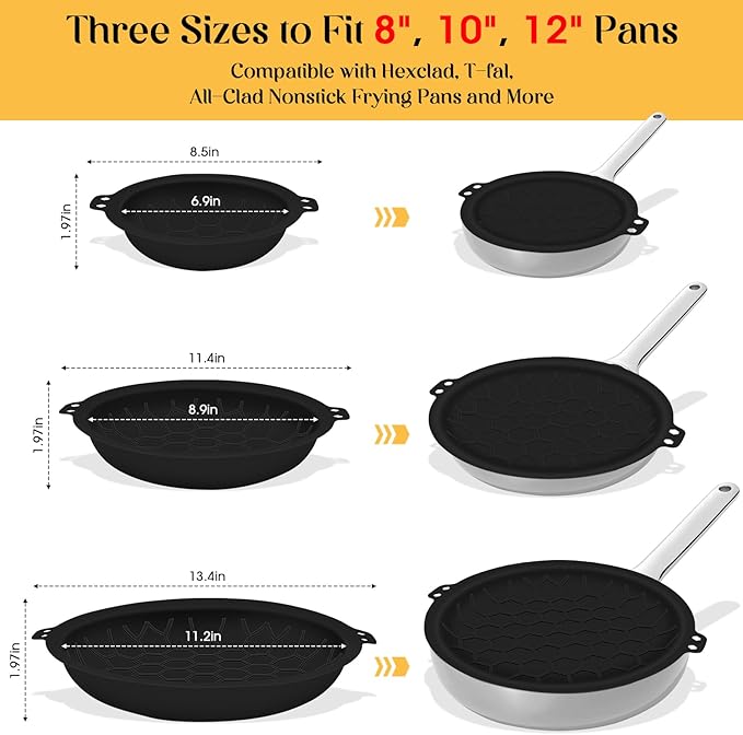 3 Piece Set Silicone Pan Protectors (Includes 8",10",12"), Pan Separators for Stacking Compatible with Hexclad, Tfal, All-Clad Nonstick Frying Pans and More, Cookware Protector, Dishwasher Safe, Black