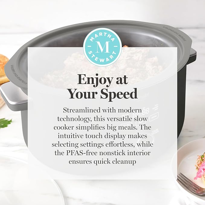 Martha Stewart 8 QT Slow Cooker, Programmable with Timer, 3 Heat Settings (Low, High, Warm), Nonstick Ceramic Removable Crock, Stovetop & Oven Safe, Glass Lid, Simmer, Reheat, Warm, Caviar