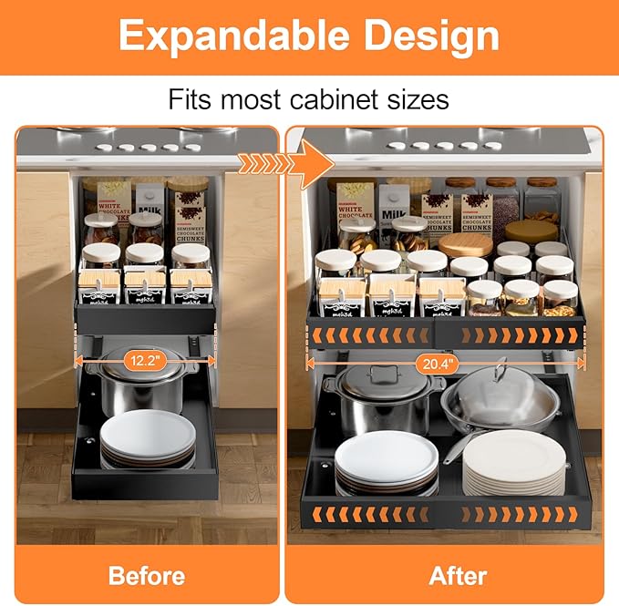 1 Pack Pull out Cabinet Organizer Expandable Width(12"-20") and 21"Depth, No Drill Adjustable Slide Out Drawers for Kitchen, Cabinets With 3 Slide Rails,Magnetic Panel, Adhesive Roll out Shelves