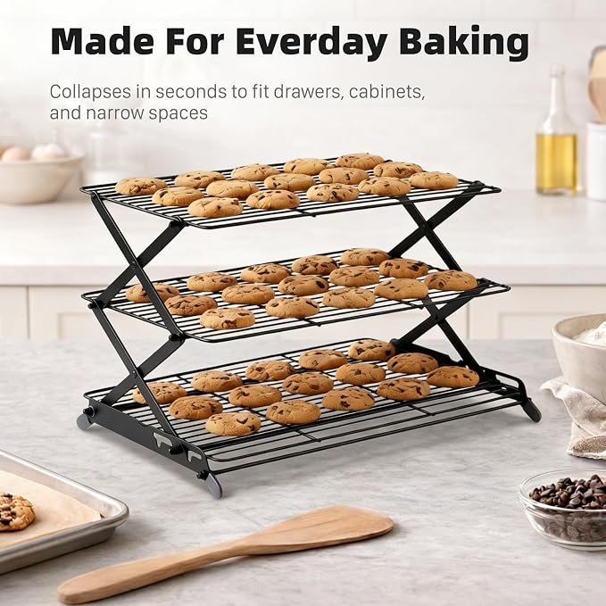 3 Tier Cooling Rack, Collapsible Adjustable Height Wire Baking Rack with Stable X-Leg Design, Space-Saving Cooling Racks for Cooking and Baking Cookies, Cakes & Pastries, 17.1" x 9.8", Black