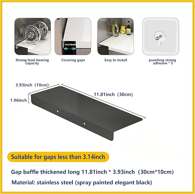Metal Kitchen Refrigerator Gap Partition Countertop Gap Extension Board,Gap Covers Between Countertop and Walls, Refrigerator Side Partition, No Drill(Black,11.81 * 3.93inch)