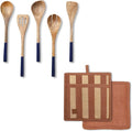 Folkulture Pot Holders for Kitchen | Pack of 2 (8x8) Ribbed Soft Silicone Hot Pads for Kitchen | Oven Pot Holders Set |Wooden Spoons for Cooking | 12" Premium Acacia Wooden Utensil Set of 5