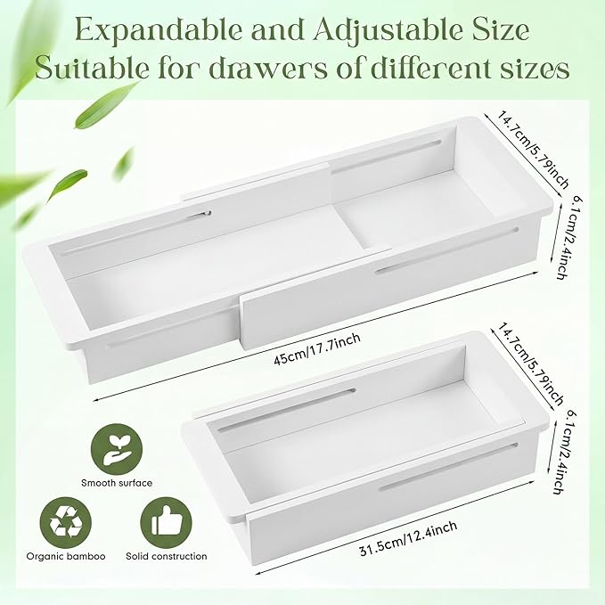 LemonRoad 2 Pcs Sliding Drawer Organizer Bin Bamboo Drawer Expandable Bins Utensil Organizer for Kitchen Spoons Forks Knives (White)