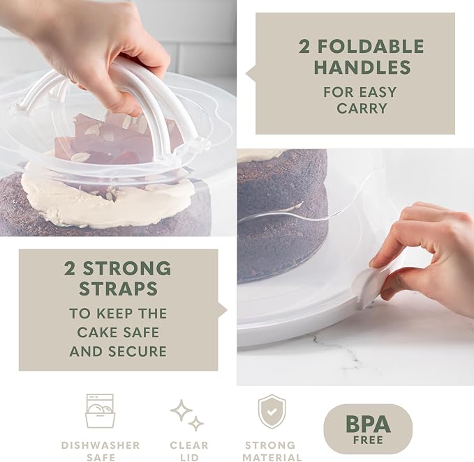 EXTRA LARGE & EXTRA STURDY Cake Carrier, Cake Stand with Lid and Foldable Handles - Multifunctional Serving Platter and Cake Plate - Cake Container with Dome and Strong Snaps 13 x 13 x 7 inch (White)
