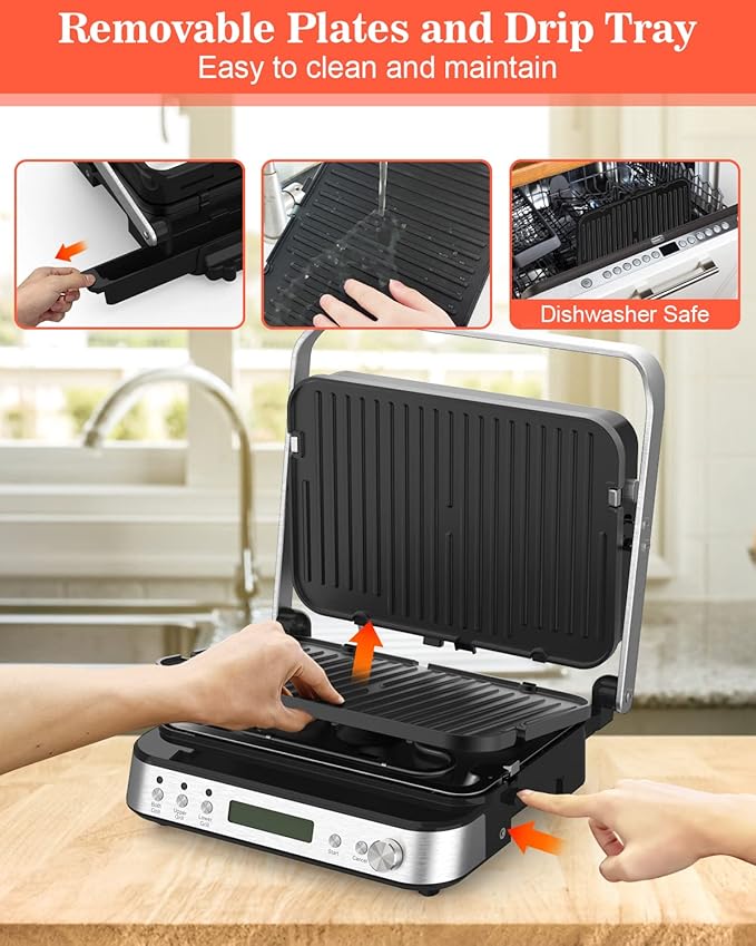 CATTLEMAN Panini Press Grill Sandwich Maker with Removable Plates, 1600W, 6 in 1 Indoor Grill with Meat Thermometer, Electric Contact Grills for Kitchen, Stainless Steel