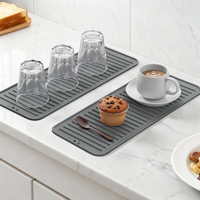 Songrey 16" x 6.5" Silicone Dish Drying Mat, Kitchen Counter Drying Pad for Sink Dishes or Under Rack, Multi-Use as Heat Resistant Trivet, Coffee Bar Mat