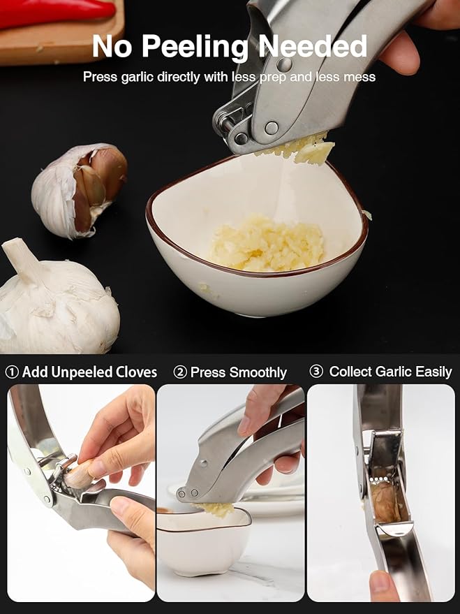 Garlic Press Stainless Steel, No-Peel Garlic Press with Ergonomic Handle, 270° Flip for Easy Cleaning, Dishwasher Safe, Heavy Duty 304 Garlic Crusher