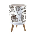 Trash Can with Lid Vintage Coffee Equipment Hand Drawn Seamless Press Top Round Small Garbage Bin with Wooden Legs Waste Basket for Kitchen Bedroom Nursery 7L/1.8 Gallon