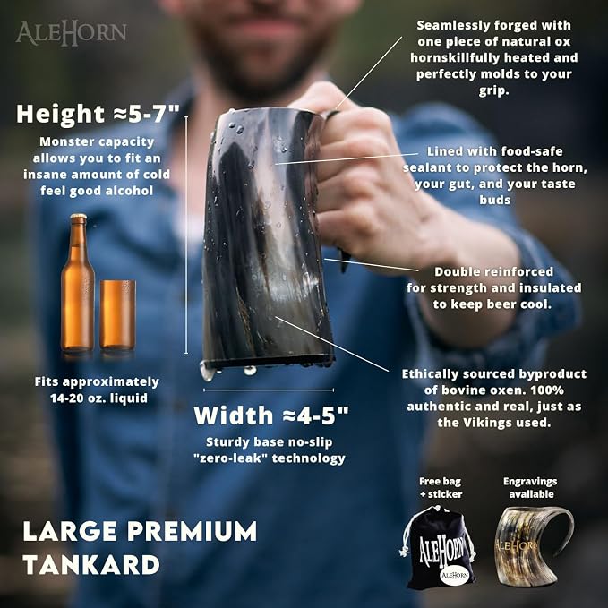 AleHorn Original Handcrafted Authentic Viking Drinking Horn Tankard for Beer Mead Ale - Genuine Medieval Inspired Stein Mug Food Safe Vessel with Handle (16oz)