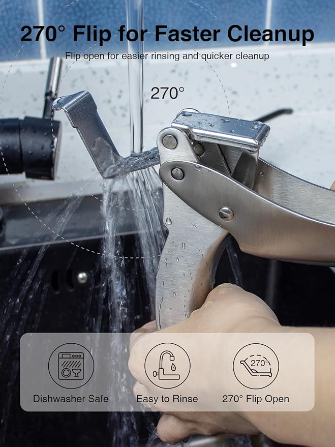 Garlic Press Stainless Steel, No-Peel Garlic Press with Ergonomic Handle, 270° Flip for Easy Cleaning, Dishwasher Safe, Heavy Duty 304 Garlic Crusher