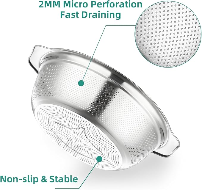 Colander for Kitchen Microporous, 5QT Strainer with Mixing Bowl Large Capacity, Stainless Steel Colander with Handle for Washing Vegetables, Fruit, Rice and Draining Cooked Pasta(2PC)