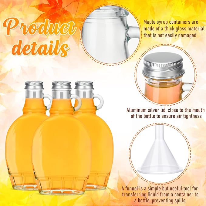 meekoo 24 Pieces 8 oz Glass Syrup Bottles with Aluminum Lid and Loop Handle Glass Maple Syrup Jars Container with 4 Funnels for Potion Juice Milk Storage Gift Sauce Oil