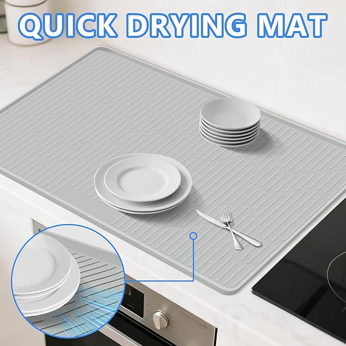 28" x 22" Silicone Dish Drying Mat for Kitchen Lanstics Drying Kitchen Mat Versatile Silicone Mat for Dishes Non-Slip Drying Mat Fast Dry Kitchen Counter Drying Mat for Home Coffee Bar Accessories