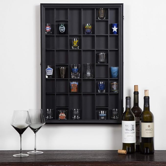 Gallery Solutions - Black Wall-Mounted - Curio & Shot Glass Display Case - 17"x26" Glass Door - Bar Accessories - Collectible - Miniature Glassware - Bar Accessories