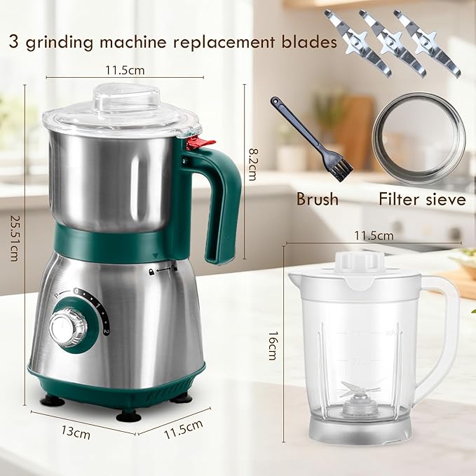 Mixer Grinder For Kitchen - Dry Grinding Cup For Grinding Spices, Nuts, Grains, And Coffee. Comes With A 750ml Fruit Juicer Cup. (Green+cup)