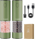 TOMEEM Upgraded Larger Capacity Electric Salt and Pepper Grinder Set Rechargeable with LED lights, Stainless Steel Automatic Pepper and Salt Grinder Refillable with 5 Adjustable Coarseness Green