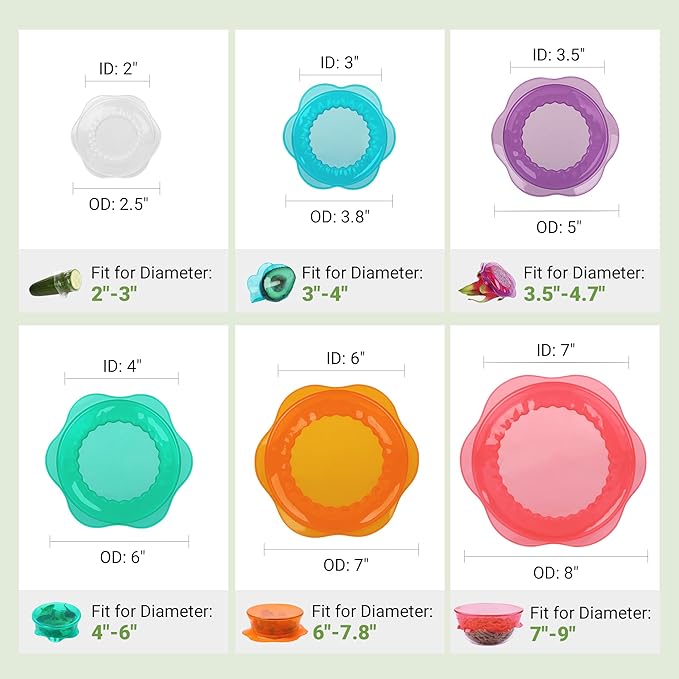 Silicone Stretch Lids for Food Storage in Fridge, Reusable Elastic Bowl Covers for Cup, Cans, Jars, Round & Rectangle Container, Food Grade Silicone Microwave Food Cover, Heat-Resistant, 6PCS