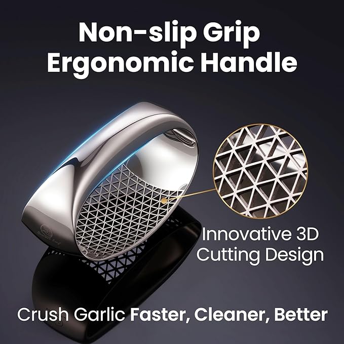 Garlic Press Rocker Stainless Steel with Eject Base + Scraper Spoon, Innovative 3D Cutting, Easy Crush & Clean Garlic Mincer, Premium Garlic Peeler Tool with Non-Slip Ergonomic Grip, 5 Year Warranty