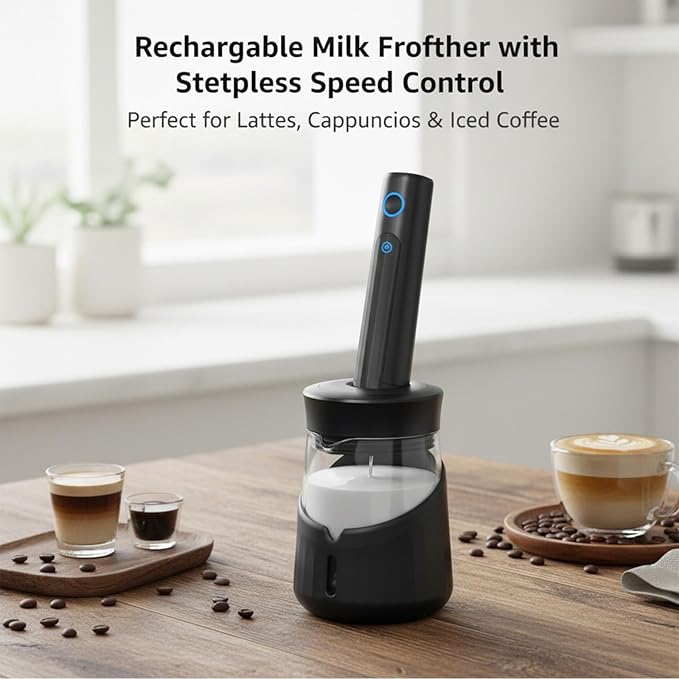 Black Handheld Milk Frother Wand for Coffee, Rechargeable Electric Whisk, Mini Milk Foamer for Latte, Cappuccino, Coffee, Hot Chocolate, Matcha