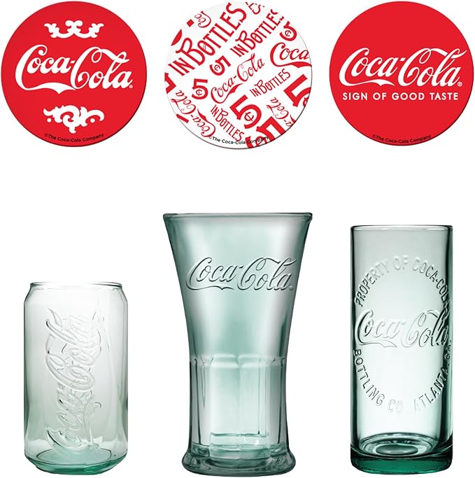 Coca-Cola Set of 3 Different Vintage Style Coke Glasses With Coasters Gift Set