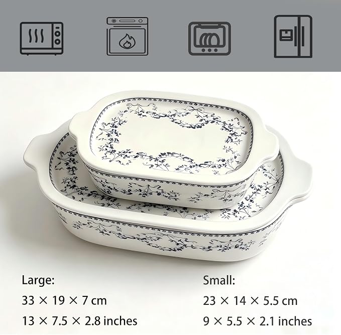 ACMLIFE Ceramic Casserole Dish with Lids for Oven, Large Baking Dish with Lid and Small Ceramic Casserole Dishes with Lid, Bakeware Set Baking Pan Lasagna Pan with Lids & Handles 4 Pcs Set (13x8 Inch+ 8x6 Inch, 2.01 Quart+0.85 Quart, Blue and White), C...