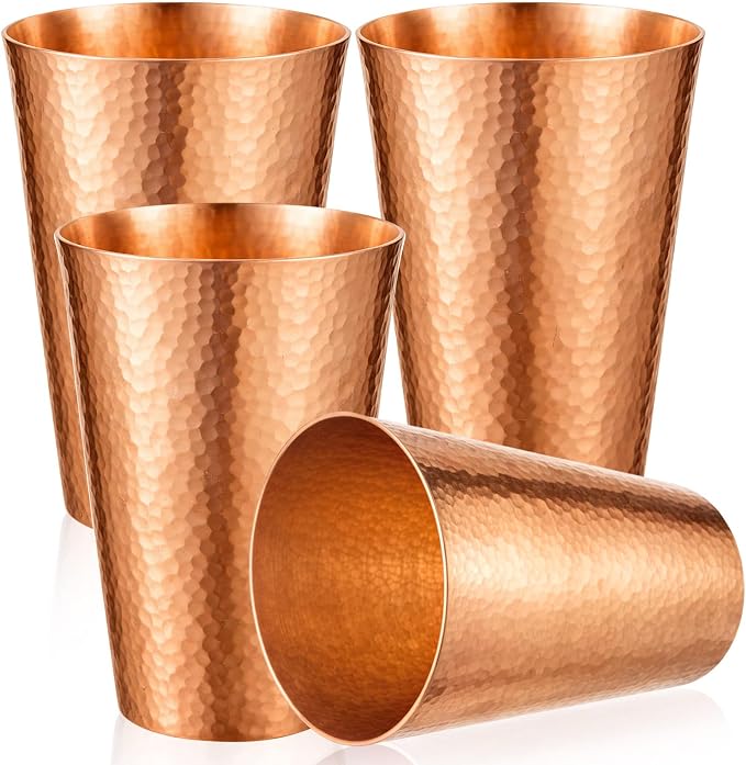 Willinglong 4 Pcs 100% Pure Copper Cup Tumblers 18.5 oz Handcrafted Hammered Copper Cups, Ayurvedic Health Benefits Drinking Vessel for Family Health Water, Cocktails, Iced Tea Glasses(Threaded)
