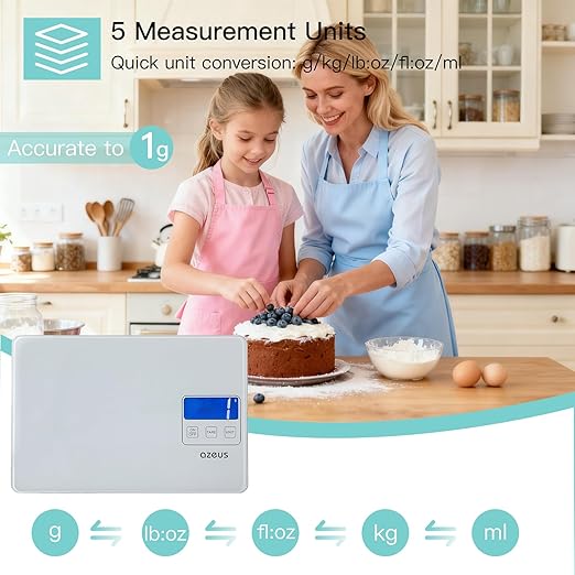 AZEUS Food Scale with USB Rechargeable, Digital Kitchen Scale with 6 Units, High Precision to 0.04 oz /11lbs Capacity, Weight Range from 3g-5000g (White)