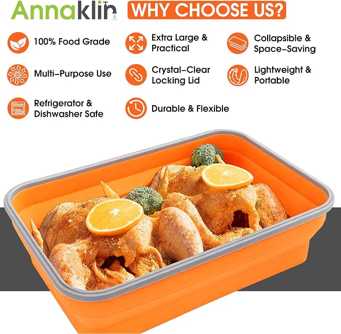 Silicone Collapsible Marinating Container with Lid for Meat, 2.64Gal/10L, Extra Large Collapsible BBQ Prep Tub, Transparent Locking Lid, XL Grill Prep Trays and Carry System, BBQ Must-Have, Orange