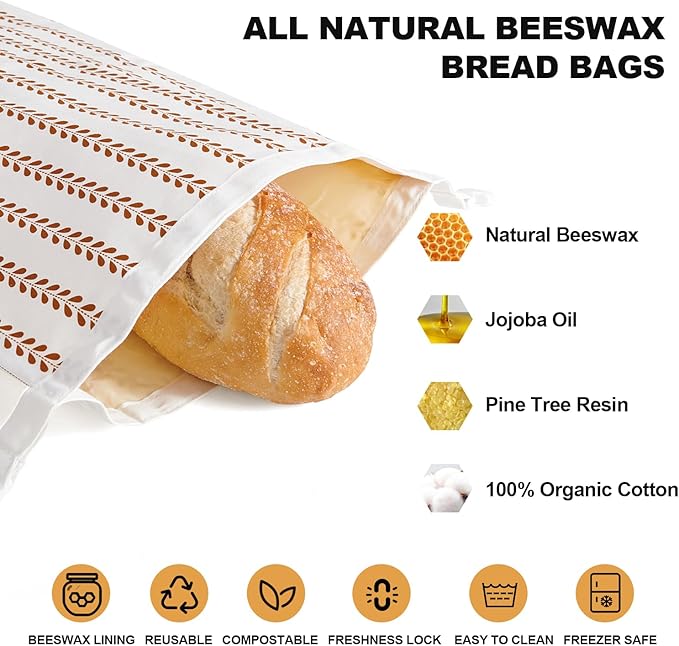 Beeswax Bread Bags for Sourdough, Reusable Bread Bags for Homemade Bread, 2 Pack Sourdough Bread Storage, Natural Cotton Beeswax Bags