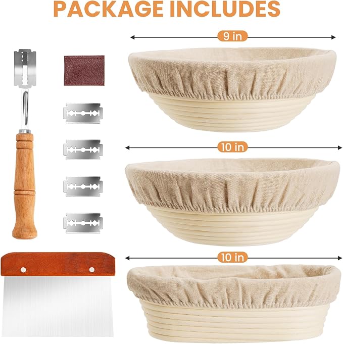 Kikcoin 9" & 10" & 10" Banneton Bread Proofing Basket Set, Round & Oval Banneton Basket for Sourdough Baking, Baking Supplies with Linen Liner, Bread Lame & Dough Scraper, Sourdough Proofing Tools
