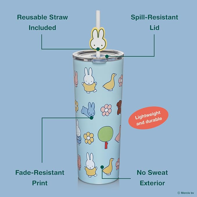 Dragon Glassware | Miffy Stainless Steel Tumbler with Straw, 24 oz - Blue | Vacuum Insulated Stainless Steel Tumbler with Straw & Lid; Double Walled Tumbler with Straw Charm; Miffy Cup with Lid