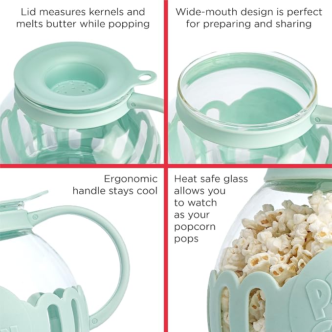 Ecolution Patented Micro-Pop Microwave Popcorn Popper with Temperature Safe Glass, 3-in-1 Lid Measures Kernels and Melts Butter, Made Without BPA, Dishwasher Safe, 1.5-Quart, Aqua (Pack of 4)